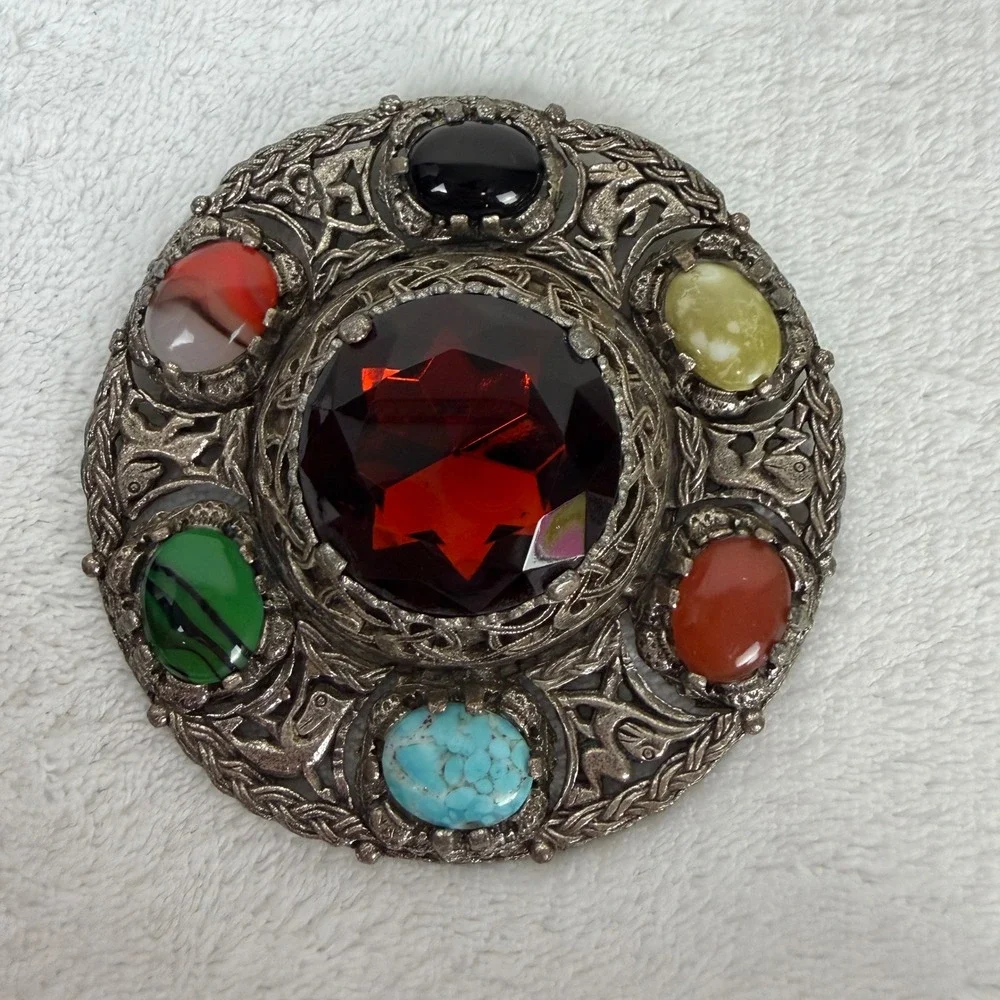 Miracle Vintage‎ Celtic Brooch Red Glass Multi Stone Silver Tone Scottish Pin